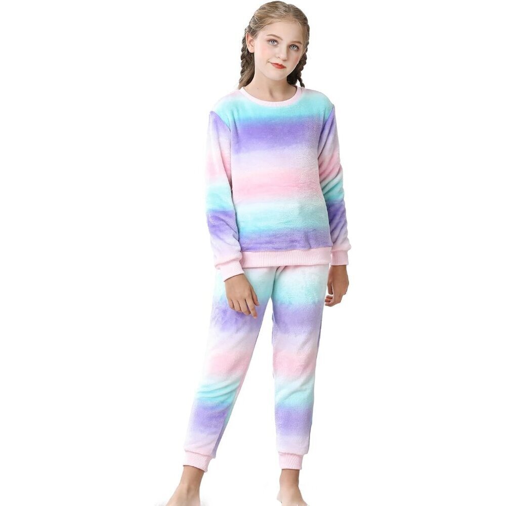 Girls Fleece Pajamas, Soft Cozy Pullover Sweatshirt Pants Set for Kids 7-16 Year